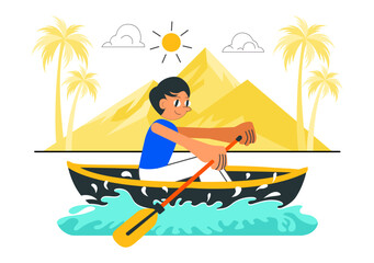 People Enjoying Rowing Vector Illustration Featuring Canoes and Sailing on a River or Lake as Part of Active Water Sports in a Flat Style Background