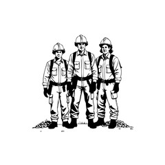 Monochrome illustration showcases team of construction workers in hard hats posing