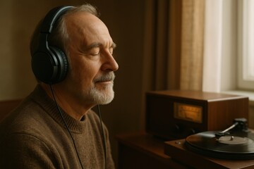 A senior man enjoys music with headphones, eyes closed, beside a vintage record player in a cozy room.