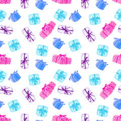 Fototapeta premium Watercolor seamless pattern of lilac and pink gift boxes