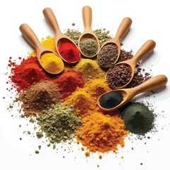 various spices and herbs on wooden spoon
