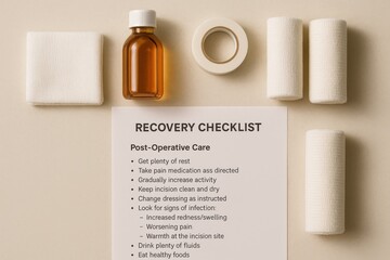 Recovery checklist with antiseptic supplies, bandages, tapes, and gauze showing essential items for post-surgery wound management.