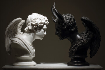 Two figures of an angel and a demon opposite each other, white and black. The confrontation of good and evil