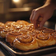 Freshly baked cinnamon rolls on tray with a hand reaching for one.