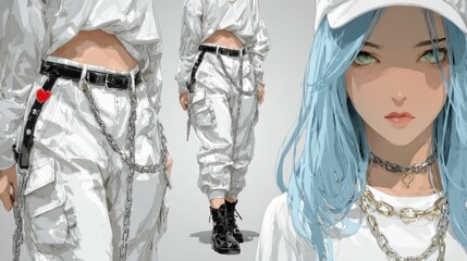 Stylish anime girl with blue hair and green eyes wears white streetwear with chains and a red heart accessory.