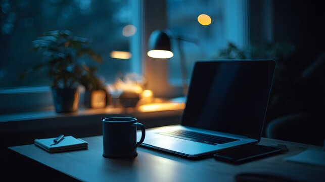 Laptop on desk at night, indoor workplace, window light, mug, and notepad