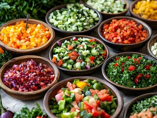 Fresh Colorful Vegetable Salad Bowls Arranged on Table Surface