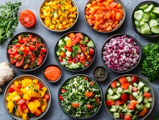 Fresh Colorful Vegetable Salad Ingredients in Multiple Bowls