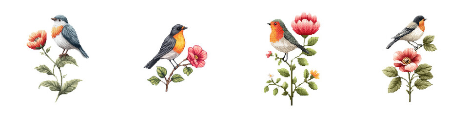 Colorful birds perched on spring flowers