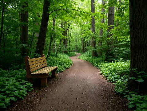 Tranquil Forest Pathway with Wooden Bench in Lush Greenery for Relaxation and Meditation