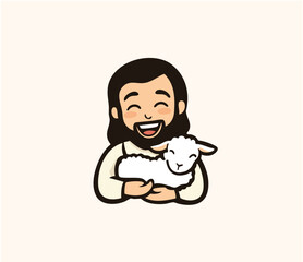 Vector of Jesus smiling while holding a white lamb 