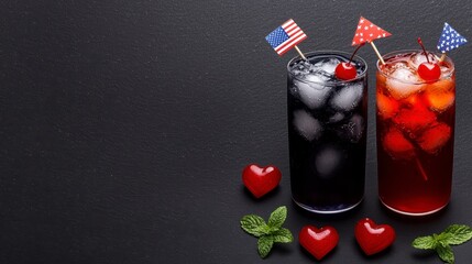 Obraz premium Festive red white and blue summer drinks with ice and cherry garnish with small decorative flag perfect for Fourth of July celebration. Patriotic beverage recipes ideal for july
