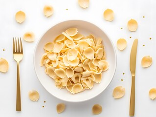 Elegant Dish of Pasta with Gold Cutlery on White Background