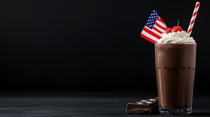 milkshake with chocolate and whipped cream decorated with american flag independence day concept on dark background with copy space. Generative AI. Patriotic dessert photography