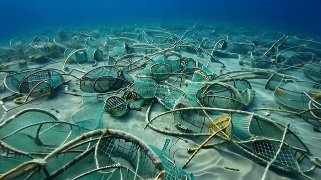Underwater scene featuring numerous discarded fishing nets in blue waters.