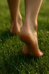 Bare feet walk on dew-covered grass in the morning light, capturing the freshness, nature, and grounding of a natural moment.