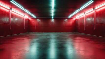 A striking red room illuminated by neon lights, creating a bold and energetic atmosphere, perfect for nightlife representation or modern art aesthetics.