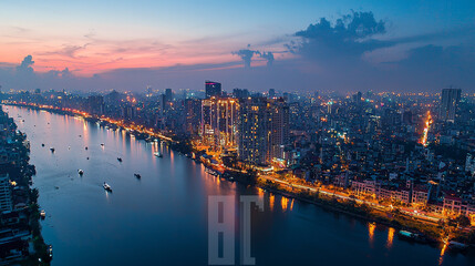 Fototapeta premium A majestic aerial view of towering mountain peaks and lush green valleys with a winding river, under a clear blue sky, capturing the serene and vibrant beauty of nature.