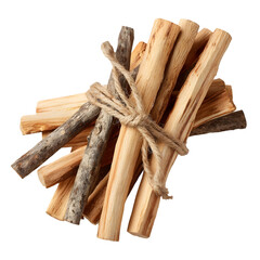 Palo Santo Bundle: An elegant arrangement of Palo Santo wood sticks, delicately bound with natural twine, showcasing their unique textures, warm tones.