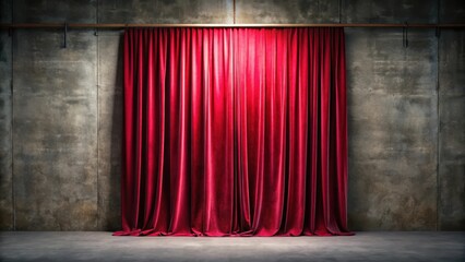 Crimson Velvet Curtain Draped Against a Weathered Concrete Wall, Illuminated by a Single Overhead Light Source, Creating a Dramatic and Mysterious Stage Setting