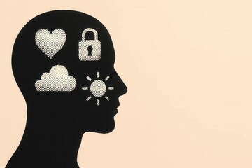 A conceptual image shows a human head silhouette with symbolic icons representing emotional well-being, security, and positive mental health.