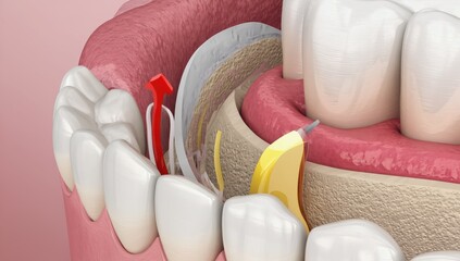 Dental anatomy cross-section highlights nerve pathways, gums, and tool contact, demonstrating endodontic or periodontal procedures in progress.