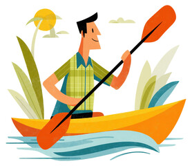 Man paddling a kayak on a sunny day by a peaceful lake surrounded by lush greenery isolated on transparent background.