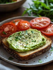 Avocado toast with tomatoes on a plate with arugula.