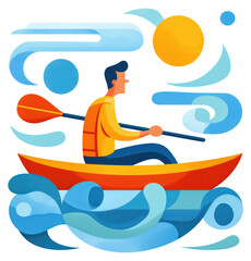 Man paddles a kayak through stylized waves under a bright sun isolated on transparent background.