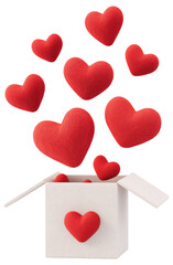 Vibrant red hearts emerging from a white gift box symbolizing love and celebration isolated on transparent background.