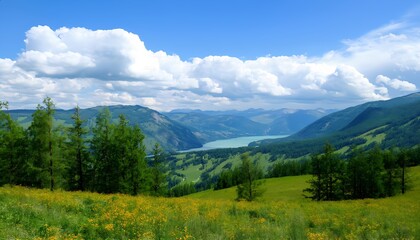 A serene mountain lake surrounded by a field of yellow flowers