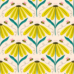 Cute Yellow Floral With Bee Seamless Pattern Background Fabric Textile Design