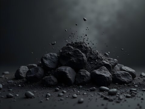 AI generated Abstract black dusty and rocks piles floating in the air