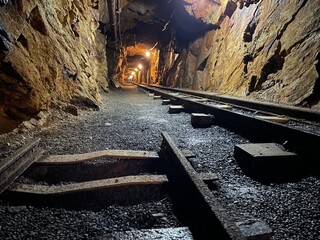 Old mine with railroad tacks and lights down the tunnel