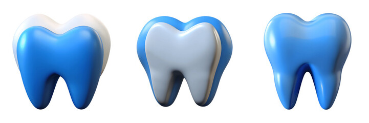 Set For Three cartoon teeth, two with blue enamel, isolated on white