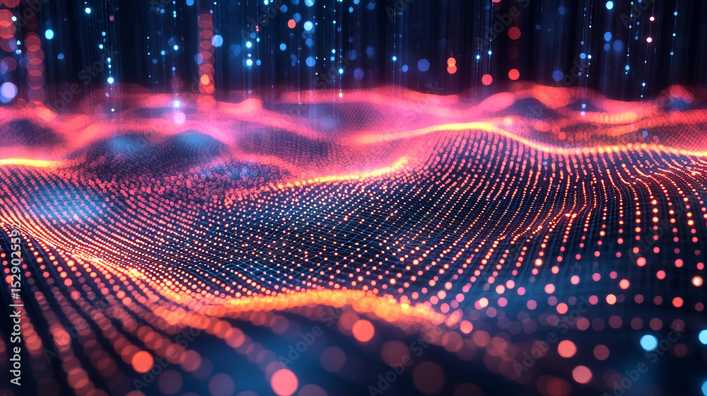 Poster a modern digital world filled with glowing data points and grid patterns, emphasizing dynamic techno