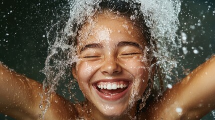 Fototapeta premium A joyful girl experiencing pure delight as water splashes around her, captured in a moment of laughter and happiness, embodying childhood joy and carefree spirit in vivid detail.