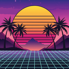 Naklejka premium Tropical Sunset Beach Scene with Palm Trees and Silhouette Fisherman