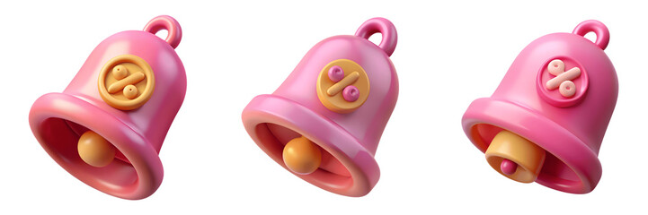 Set For Three pink notification bells with percentage sign isolated