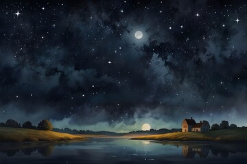 Night scenes with stars above a dike in watercolor style