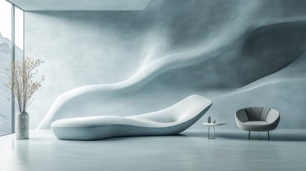 Modern minimalist living room with sculptural furniture and organic wall design.
