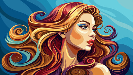 A beautiful woman in profile with long and shiny wavy hair. This beauty model girl presents a soft curly hairstyle, ideal for elegant fashion, perfect cosmetics, and flawless makeup design.