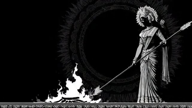 Indian Goddess Durga Illustration in Black and White with Repeating Pattern Background