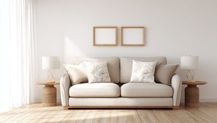 Fototapeta premium Light beige living room with two framed prints and sofa