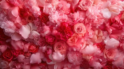 Obraz premium A captivating collage of pink and red flowers creates a vibrant, romantic backdrop, showcasing a variety of blooms that evoke feelings of love and beauty.