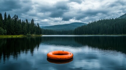 Calm lake scene with an orange life ring floating on tranquil water, surrounded by lush green forest and moody sky.