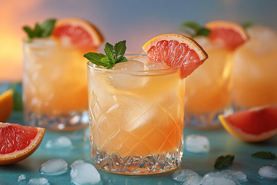 Colorful selection of classic and unusual cocktails with garnish on bar counter in elegant glasses, generative ai