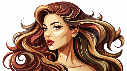 A beautiful woman in profile with long and shiny wavy hair. This beauty model girl presents a soft curly hairstyle, ideal for elegant fashion, perfect cosmetics, and flawless makeup design.White backg