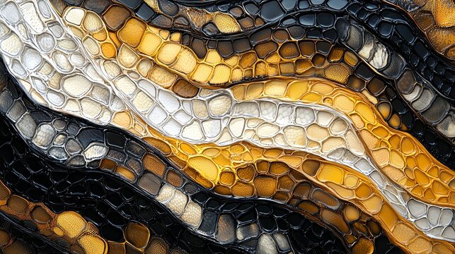 Close-up of ball python skin pattern with intricate brown, black, yellow, and white scales, detailed organic snake texture for fabric or wallpaper design