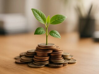 Money, finance, and investment concept. Green plant growing from stack of coins, symbol of savings, sustainable economy, eco investment. Ideal for Earth Day and Financial Literacy Month.

